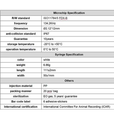 วัสดุฉีด PP นาโนชิป สุนัขเลี้ยงแมว 125 มม RFID กระจก 7 มม 1342KHz ISO117845 FDXB ไมโครชิปพร้อมมาตรฐาน IP67