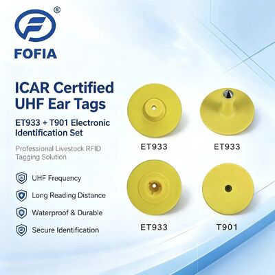 ป้ายหูสัตว์ RFID อิเล็กทรอนิกส์กันน้ำ UHF TPU หนา 5.7 มม. สีเหลือง ET933+T901 ชิป รับประกัน 5 ปี สำหรับโค Fofia