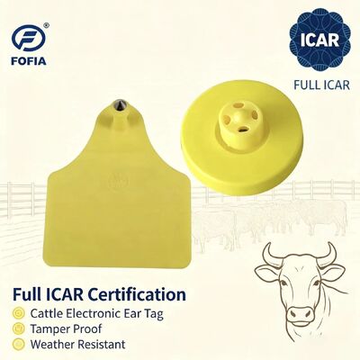 FOFIA ป้ายหู RFID TPU สีเหลืองกันน้ำ ICAR ทนทาน รุ่นใหม่ ชิปฟาร์ม LF ET908+T905 รับประกัน 5 ปี สำหรับโค ขนาด 14.5 มม.