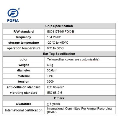 Fofia กันน้ํา ครบ ICAR รับรอง ET908 สีเหลือง RFID TPU ใบตราหูวัว คุณภาพสูง 1.5 ปี การรับประกัน