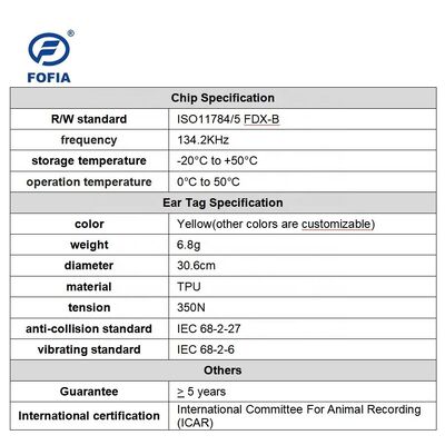 New Fofia Full ICAR ET908+T901 Waterproof RFID LF TPU Yellow Animal Ear Tags 14.5mm Cattle Cow Chips 5 Year Warranty 0.01g
