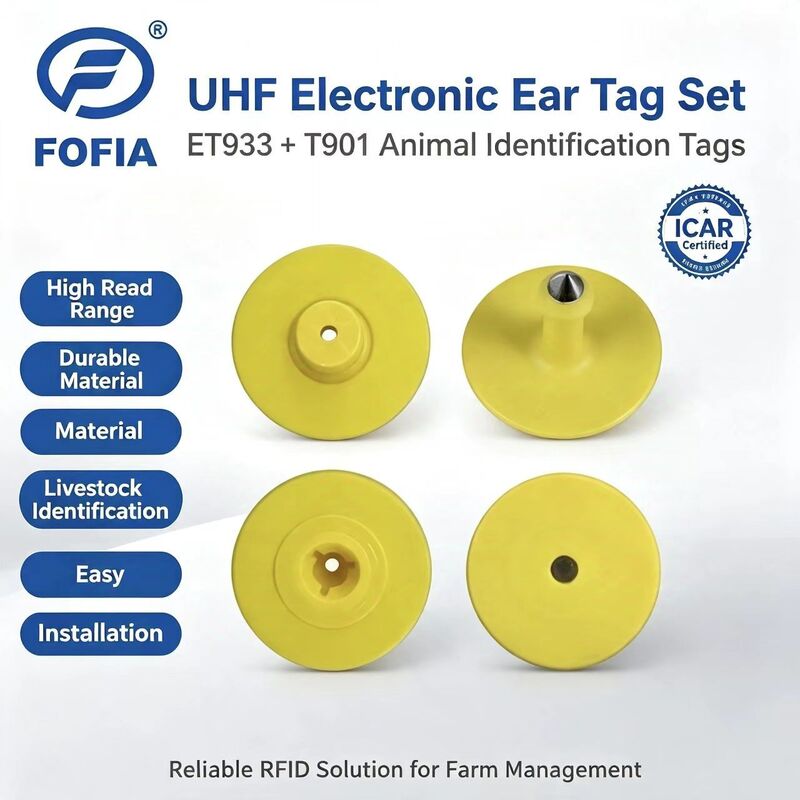 UHF อิเล็กทรอนิกส์ใหม่ RFID กันน้ํา TPU 5.7 มิลลิเมตร สีเหลือง สัตว์ Ear Tags ET933 + T901 ชิป 5 ปีรับประกัน Fofia การใช้งานวัว