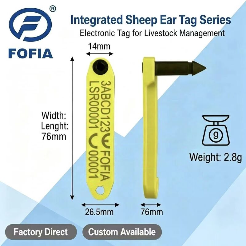 Fofia HDX ใหม่ ทนต่ออุณหภูมิสูง รวมกันการหลุด TPU เลเซอร์โค้ดอิเล็กทรอนิกส์ ET969 แกะสีเหลือง RFID Tag หู 1.5