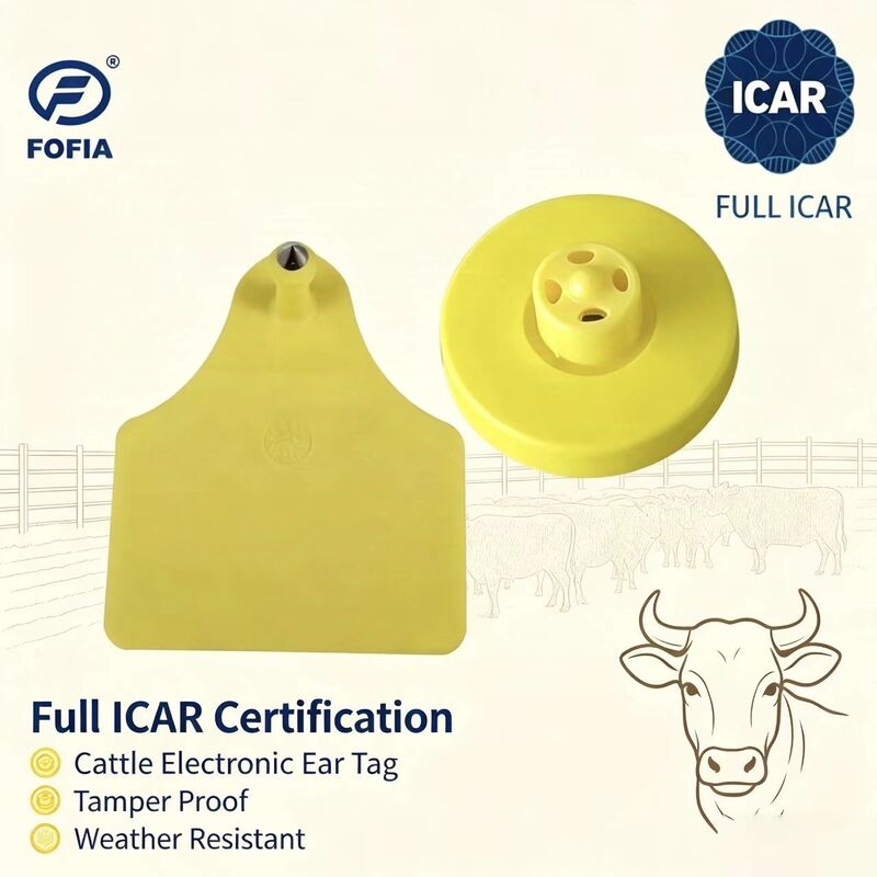 FOFIA ป้ายหู RFID TPU สีเหลืองกันน้ำ ICAR ทนทาน รุ่นใหม่ ชิปฟาร์ม LF ET908+T905 รับประกัน 5 ปี สำหรับโค ขนาด 14.5 มม.