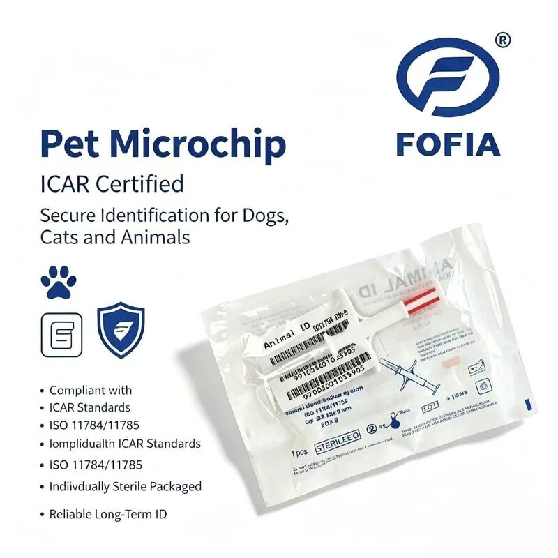 ปลอกคอสำหรับสุนัข Fofia กันน้ำ รุ่นขายดี RFID 134.2kHz วัสดุ PP ไมโครชิปสำหรับสัตว์เลี้ยงแบบฉีด ใช้งานในฟาร์ม ป้ายหู 1.5 ปี