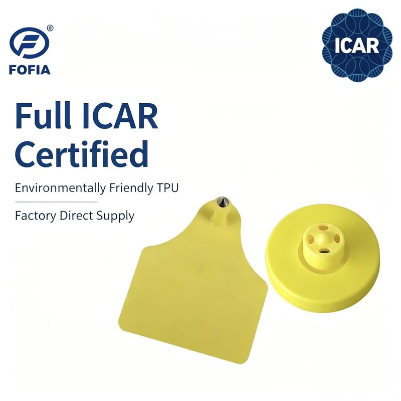 FOFIA New Full ICAR ทนทาน กันน้ํา RFID LF TPU แท็กหูเหลือง ET908+T905 EM4305 ชิป รับประกัน 5 ปี วัว 14.5 มม.
