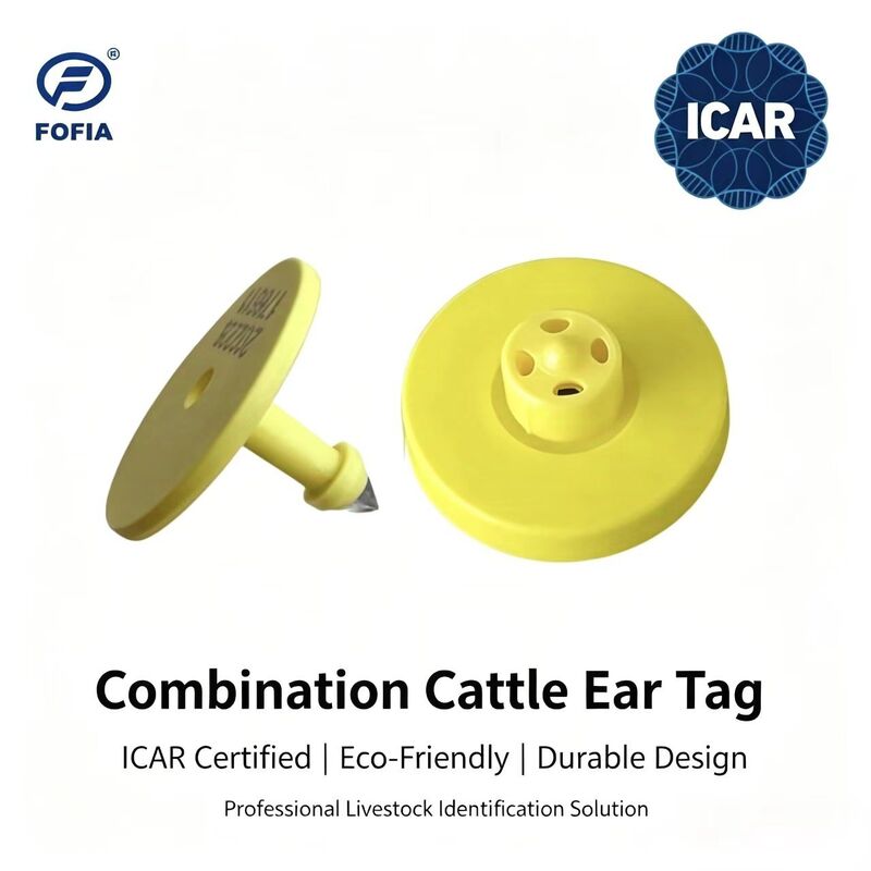ป้ายหูวัว Fofia กันน้ำ ได้รับการรับรอง ICAR รุ่น ET908+T901 ใหม่ สีเหลือง RFID TPU รับประกันคุณภาพสูง 1.5 ปี สำหรับปศุสัตว์