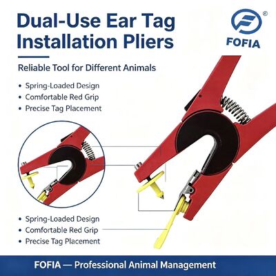 เครื่องยิงป้ายหูสัตว์ RFID FOFIA สีแดงอลูมิเนียมอัลลอยด์ พร้อมการเข้ารหัสเลเซอร์สำหรับป้ายหูวัว หมู แกะ และม้า
